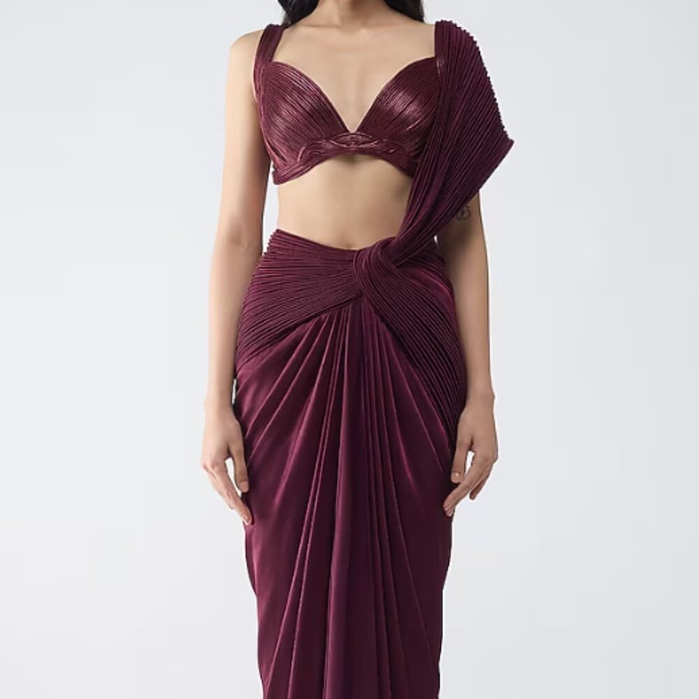 Amit Aggarwal Plum Satin Chiffon Saree Set